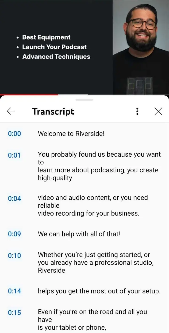 YouTube transcript on a phone